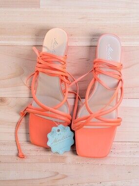 Mostrin Coral Lace-Up Square-Toe Heels